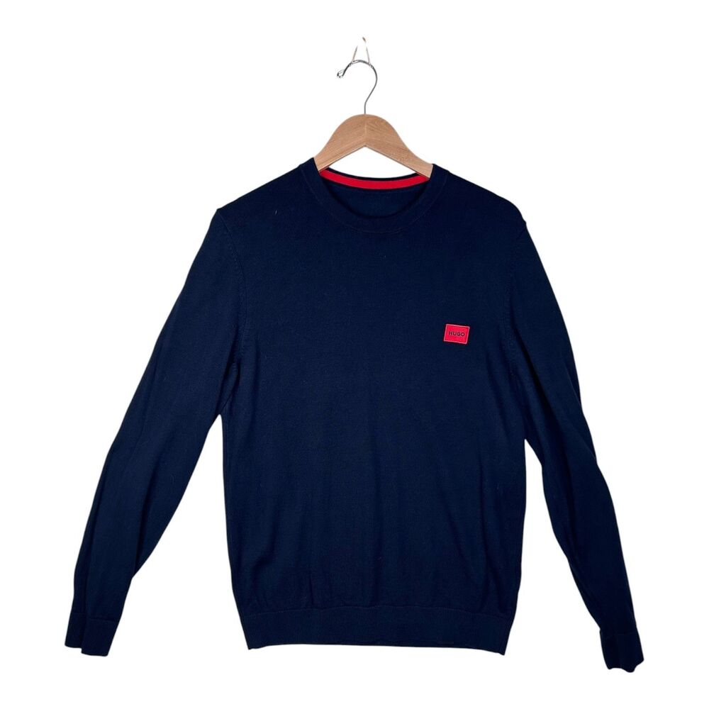 HUGO Sweater Mens Medium Blue Cotton Logo Crew Neck Long Sleeve Pullover Knit